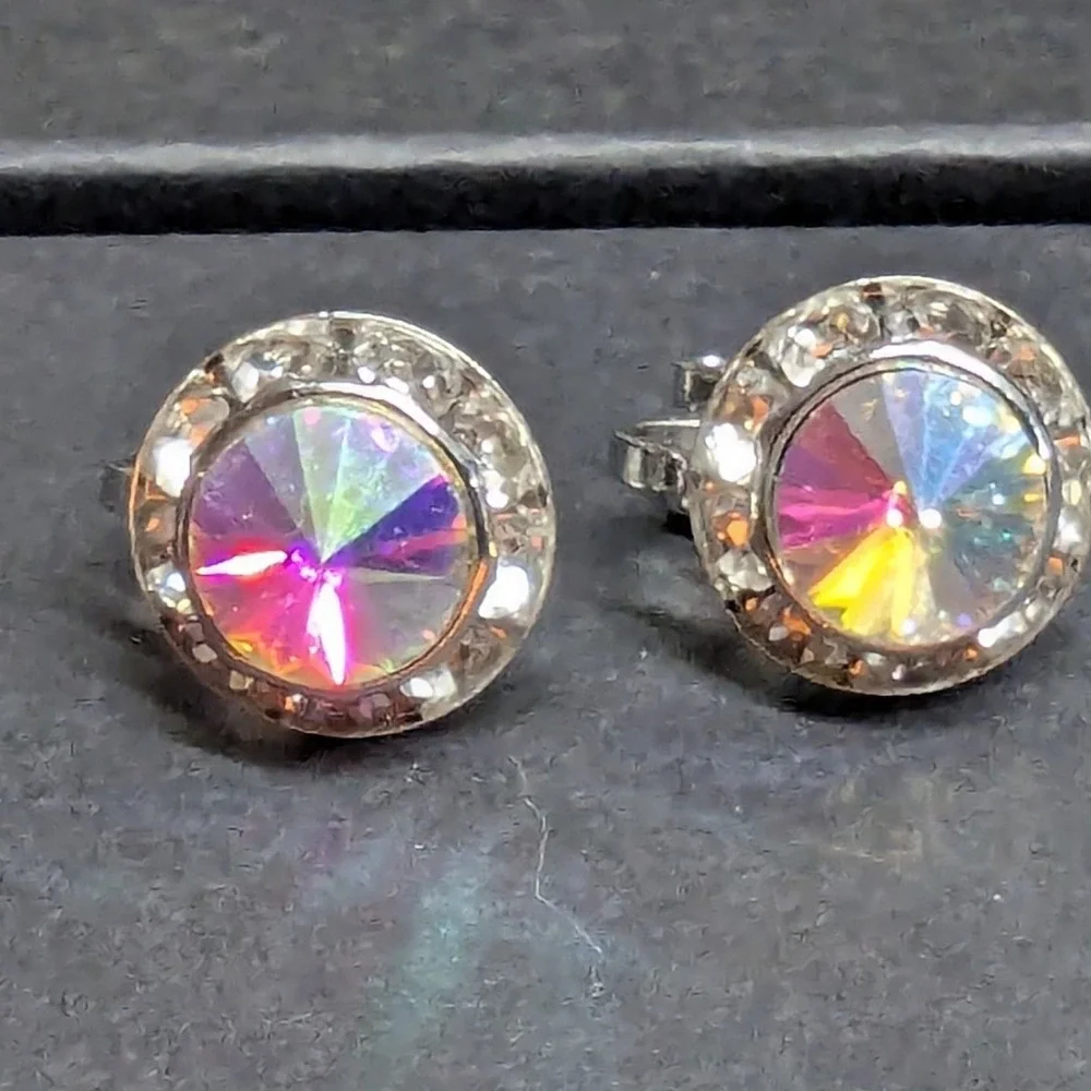 New Clip On Earrings Silver PLated Aurora Borealis AB Crystal Halo Round Wedding